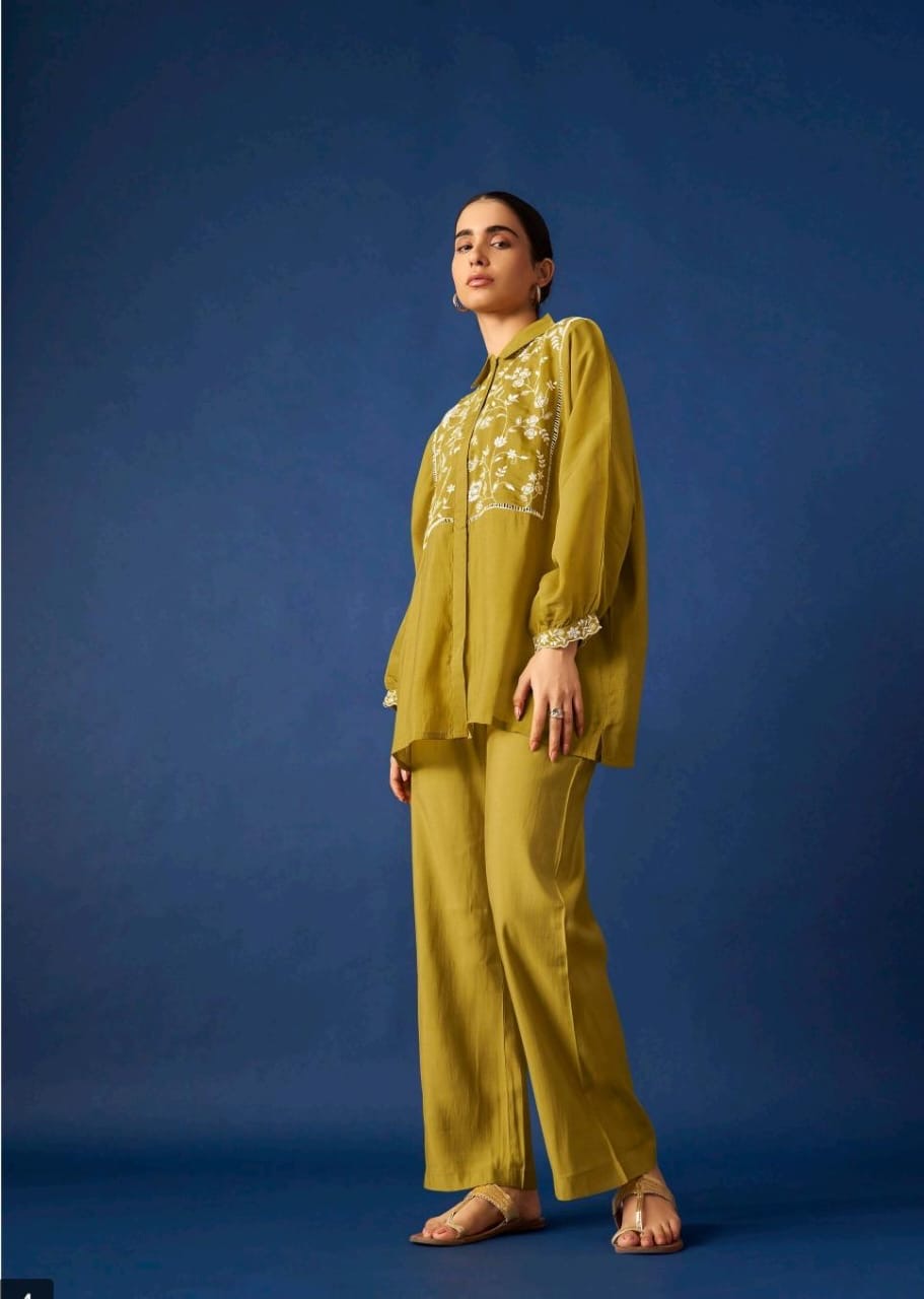 Women’s Olive Green Floral Embroidered Shirt & Straight Pants Co-ord Set | Premium Casual Wear
