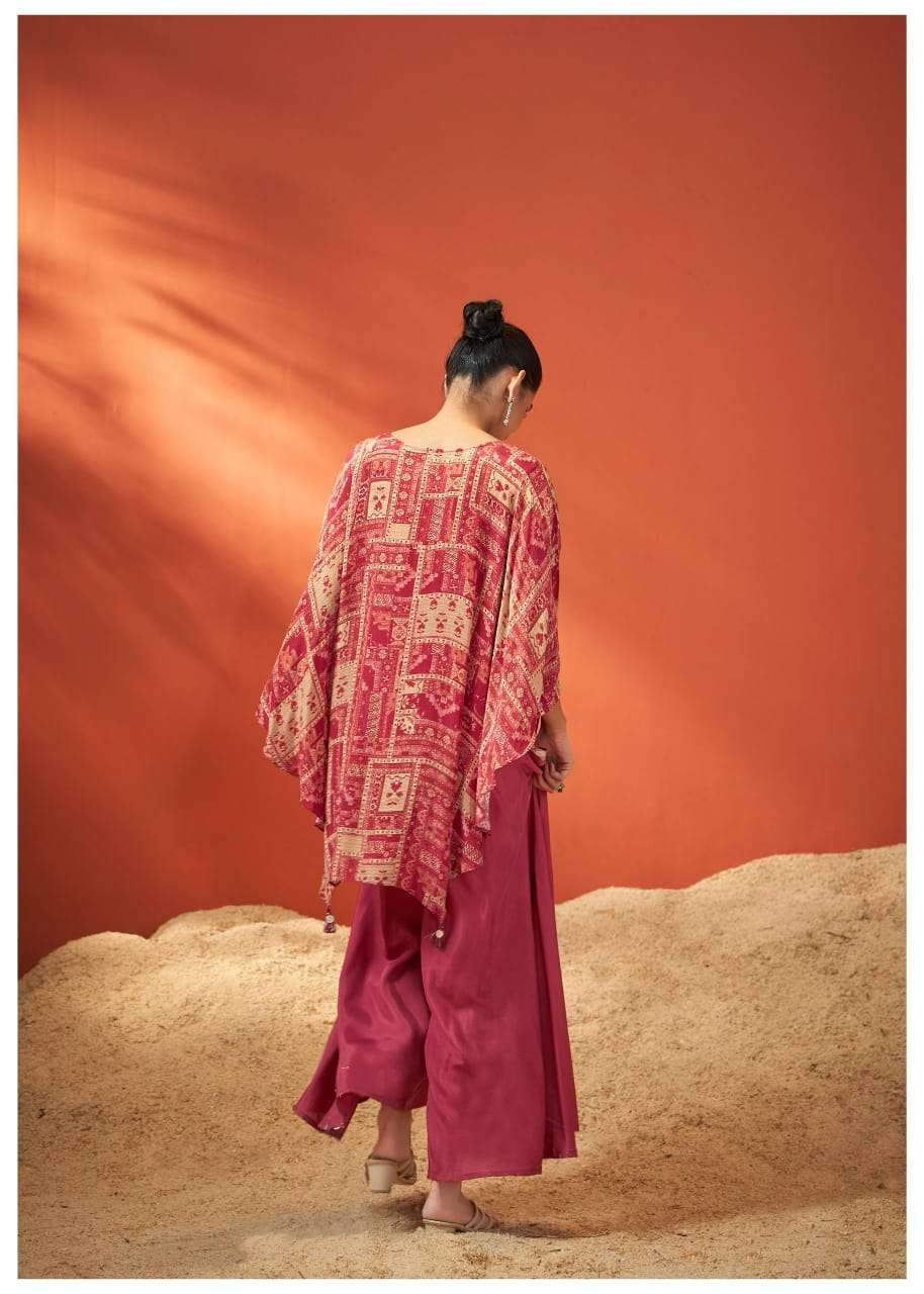 Maroon & Beige Printed Rayon Embroidered Kaftan Kurta Set – Kaftan Top & Palazzo (2-Piece Set)