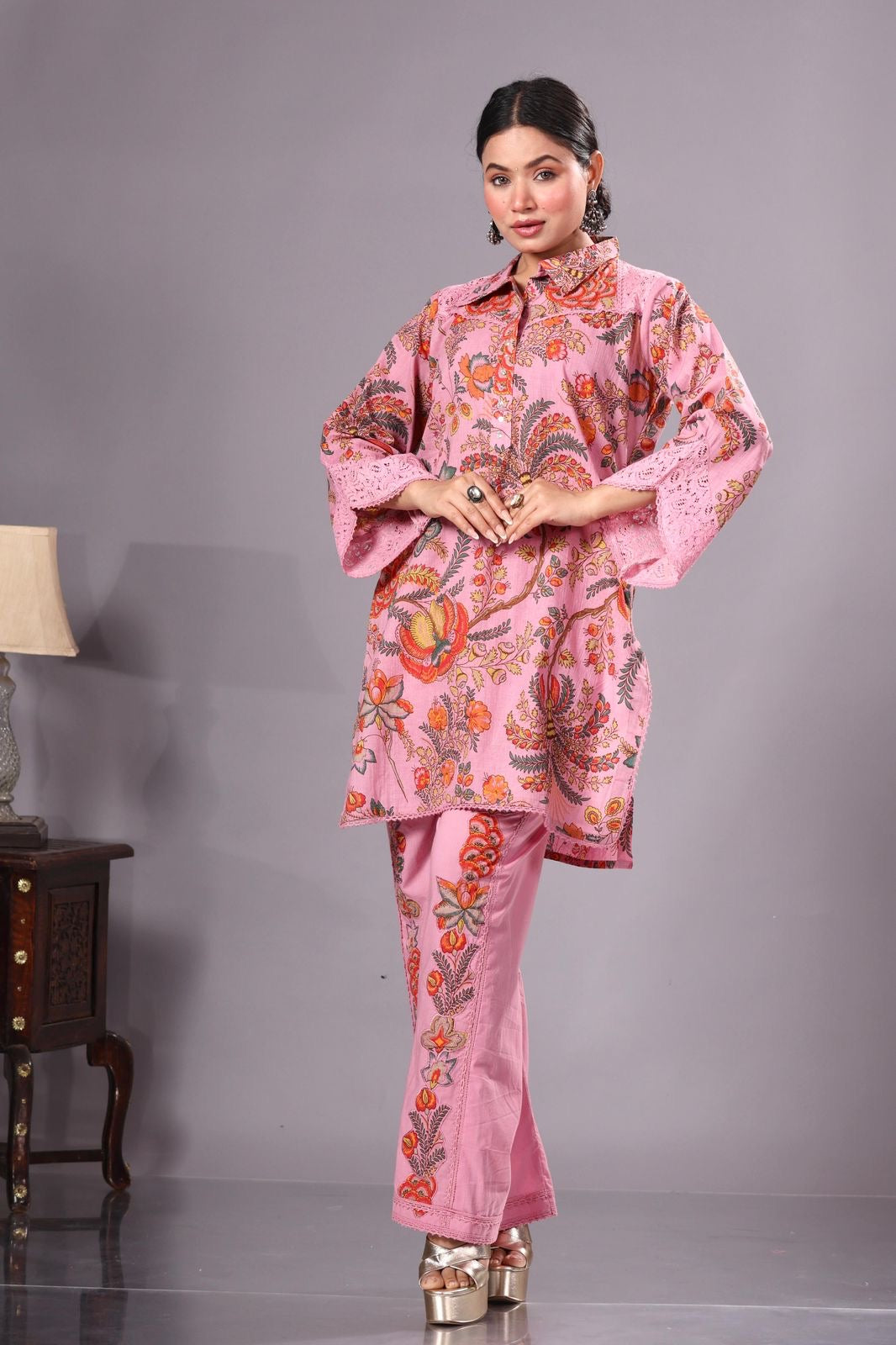 Women’s Pink Floral Printed Kurti Pant Set | Designer Cotton Blend Ethnic Co-Ord Set with Lace Bell Sleeves | Festive & Casual Wear