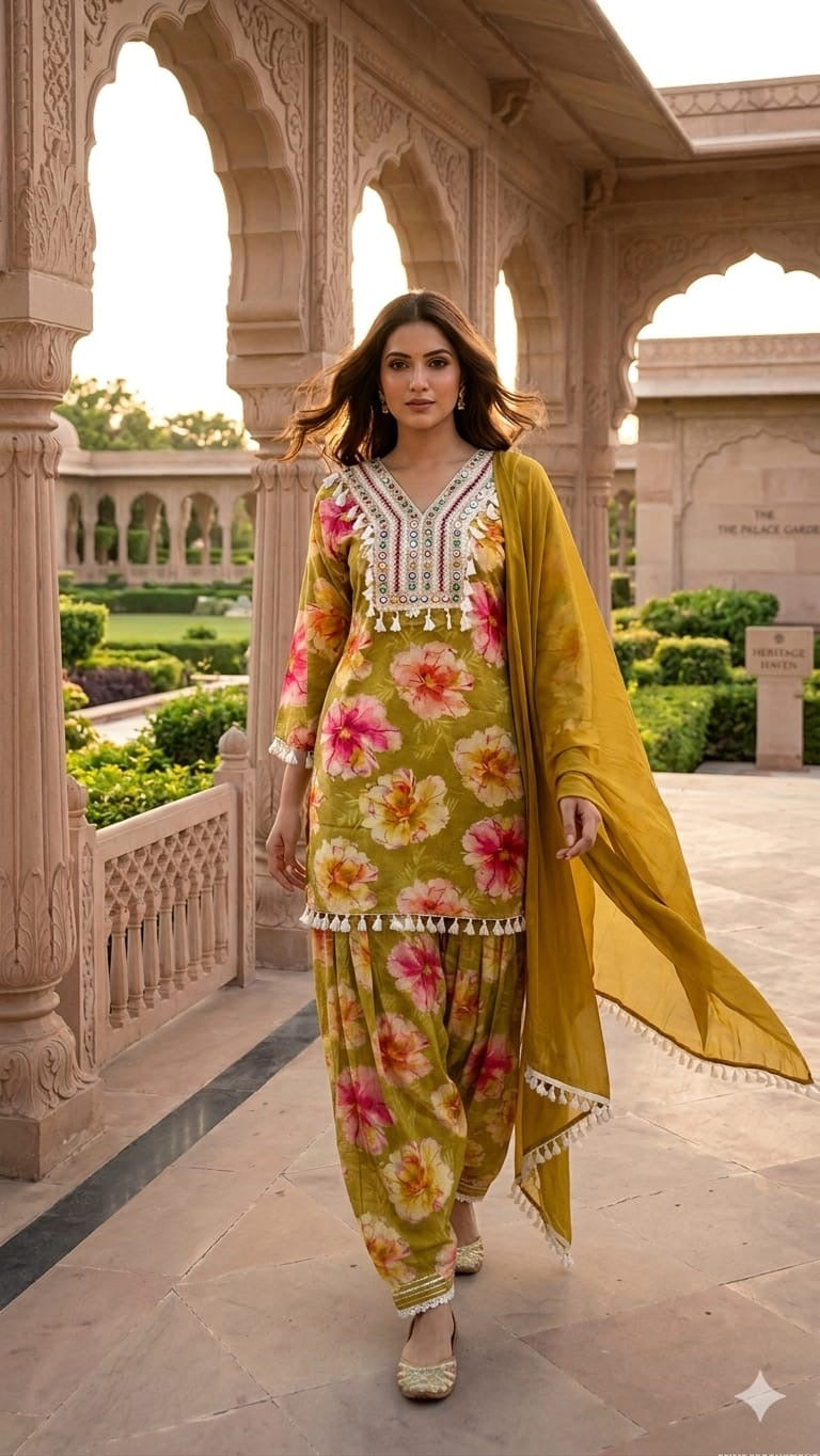 Women’s Olive Green Floral Printed Kurta Set with Dupatta