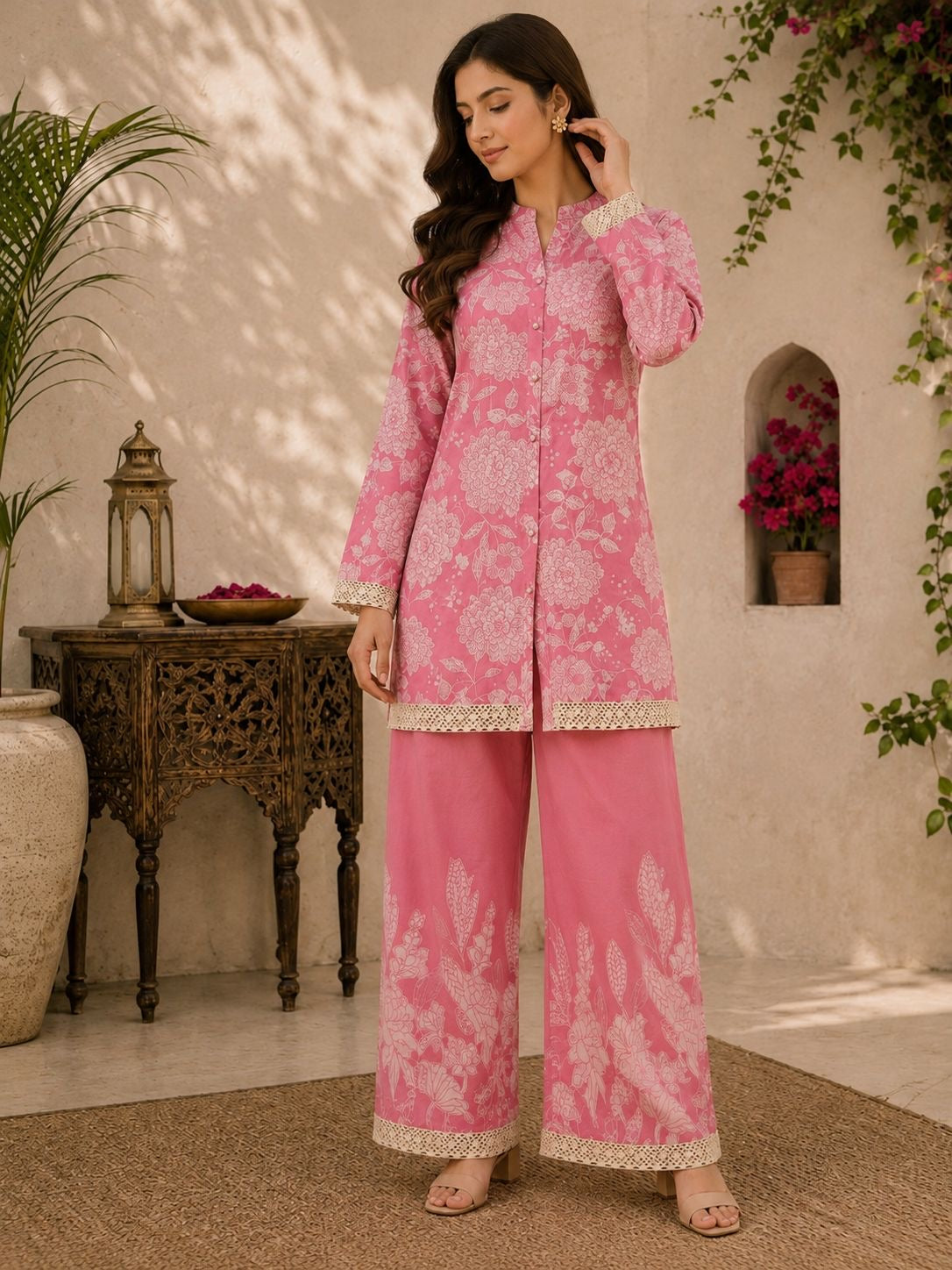 Women’s Mustard Yellow Floral Printed Cotton Co-Ord Set | Button-Down Shirt with Wide-Leg Pants | Casual Summer Ethnic Fusion Outfit