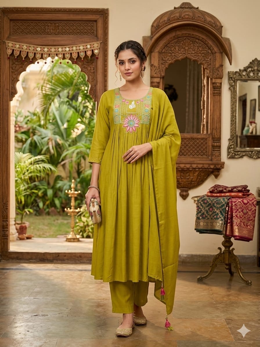 Olive Green Embroidered Anarkali Kurta Pant Set with Dupatta for Women