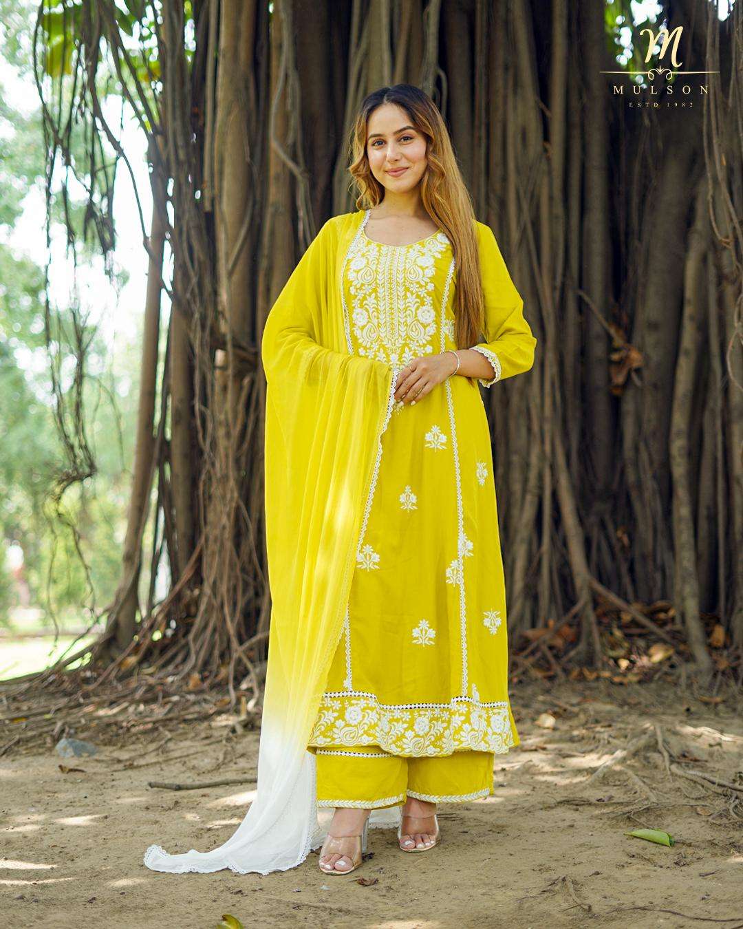 Yellow Cotton Blend Kurta Set with White Embroidery and Ombre Dupatta