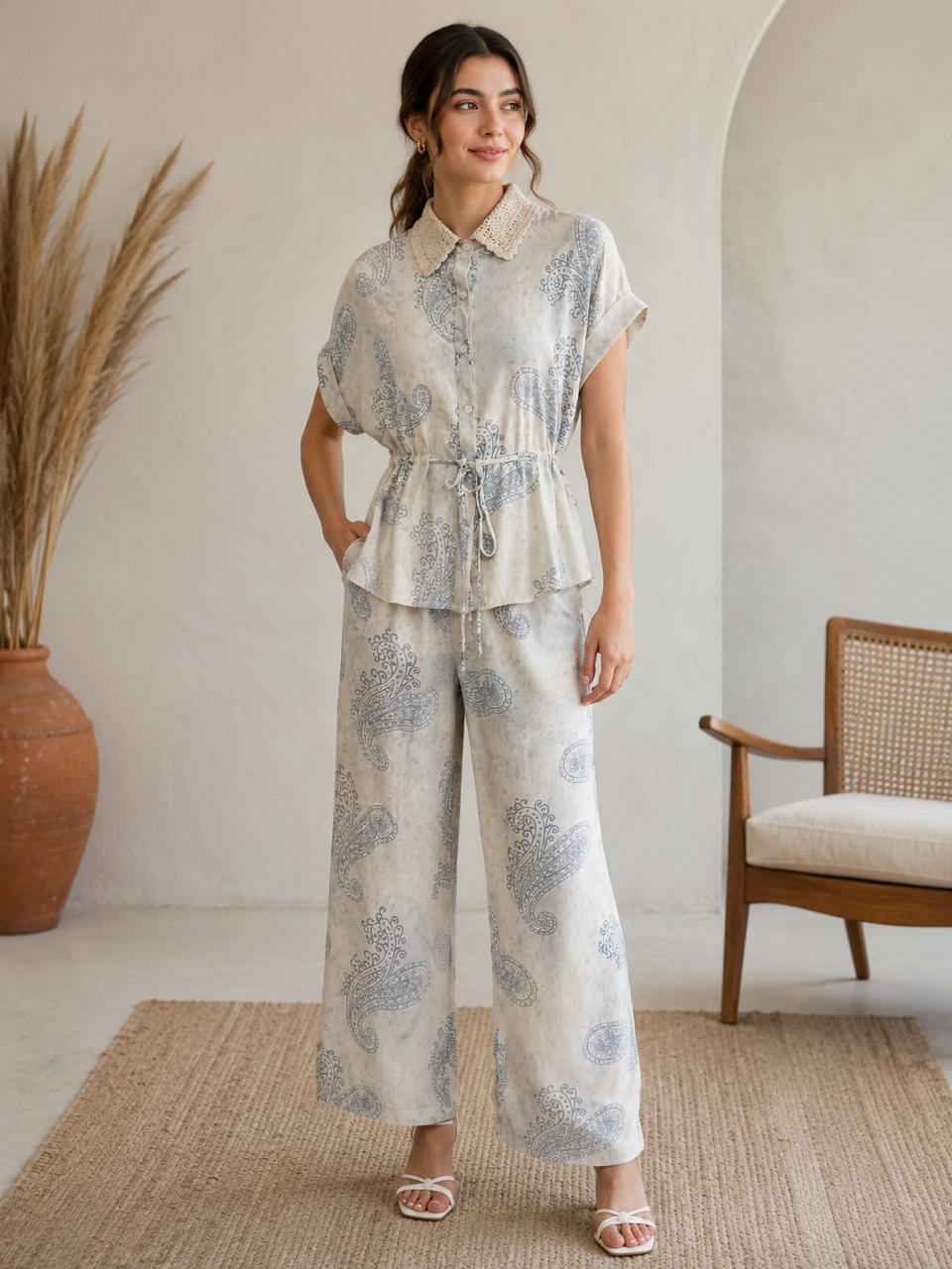 Women’s Grey Paisley Print Co-Ord Set | Collared Tie-Waist Top with Wide Leg Pants | Premium Casual Lounge Wear | Summer Cotton Blend Outfit