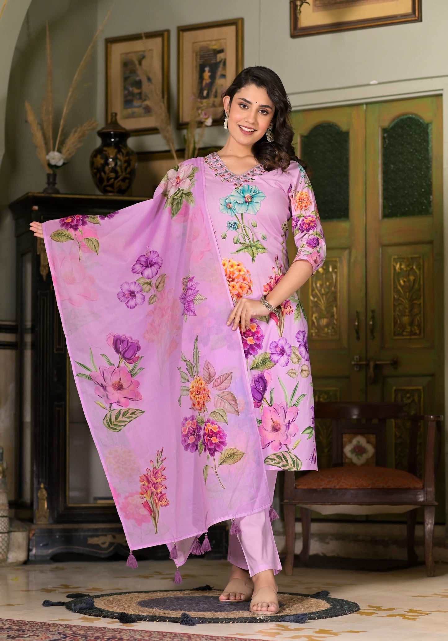 Cotton suit Lavender Bloom Kurta Set – Graceful Florals by Mulson