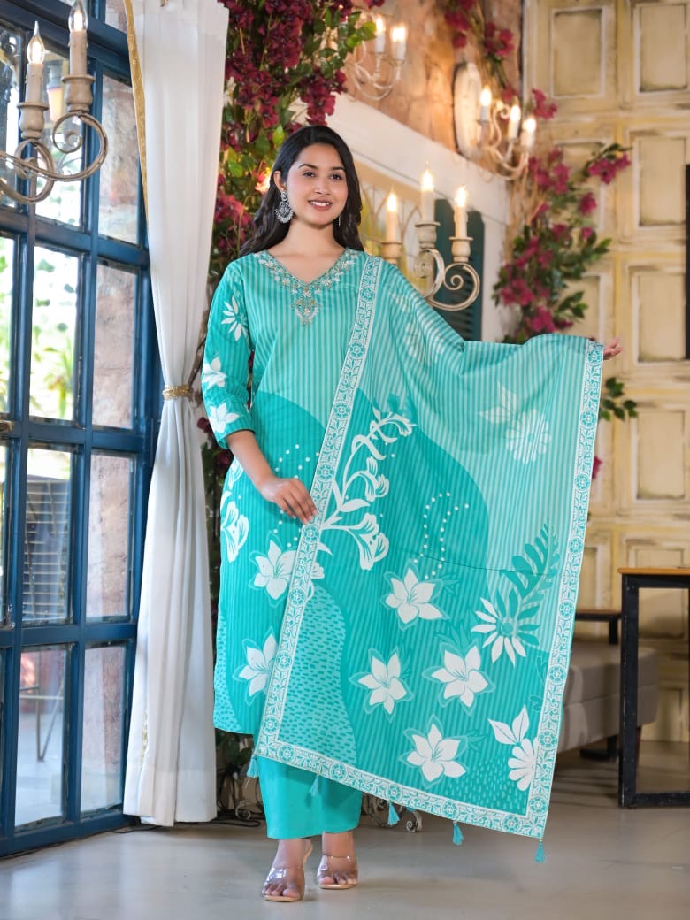 Cotton Suit Set Floral Printed with Dupatta