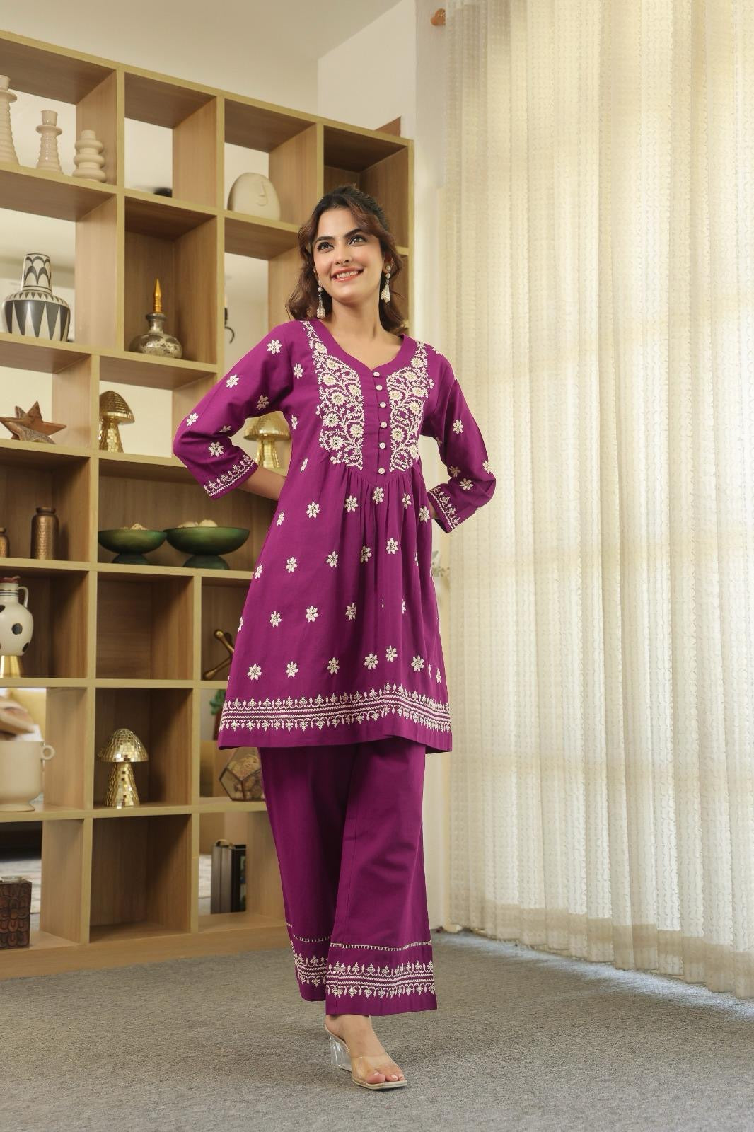 Plum Purple Floral Embroidered Cotton Kurta Set chicken kari suit