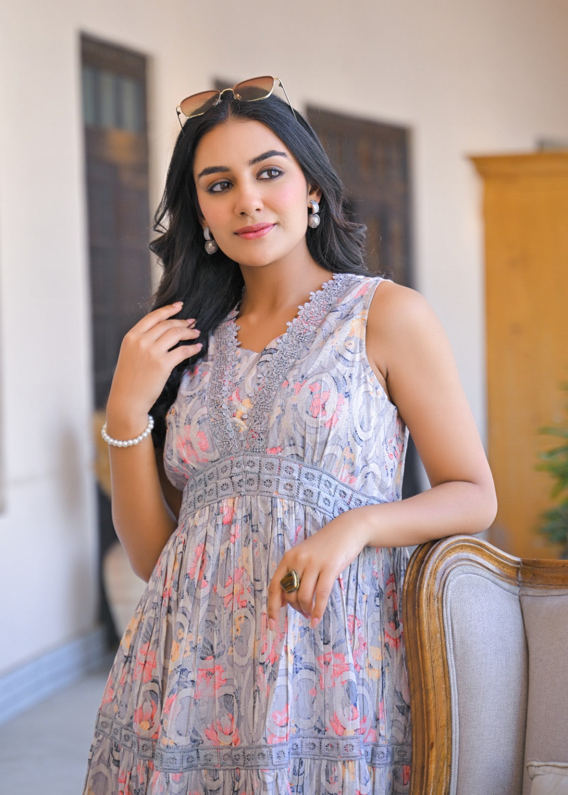 Grey Dress Multicolor Floral Print for women
