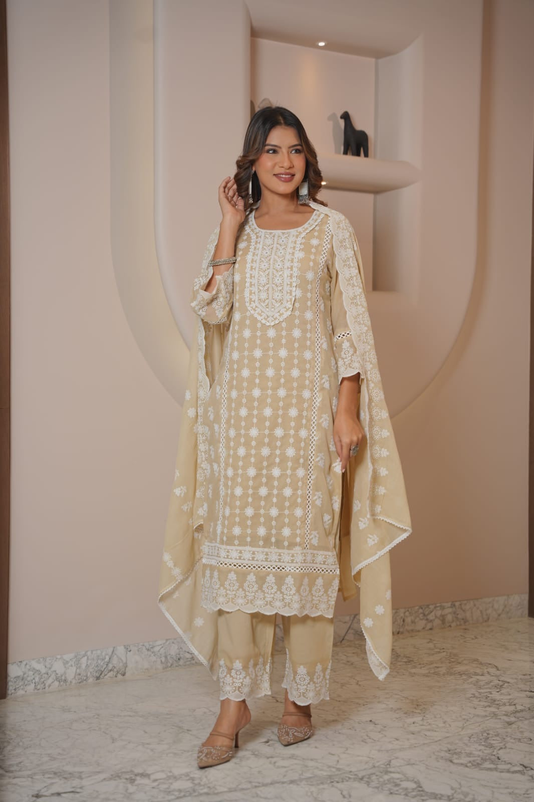 Women’s Lemon Yellow Embroidered Kurta Pant Dupatta Set