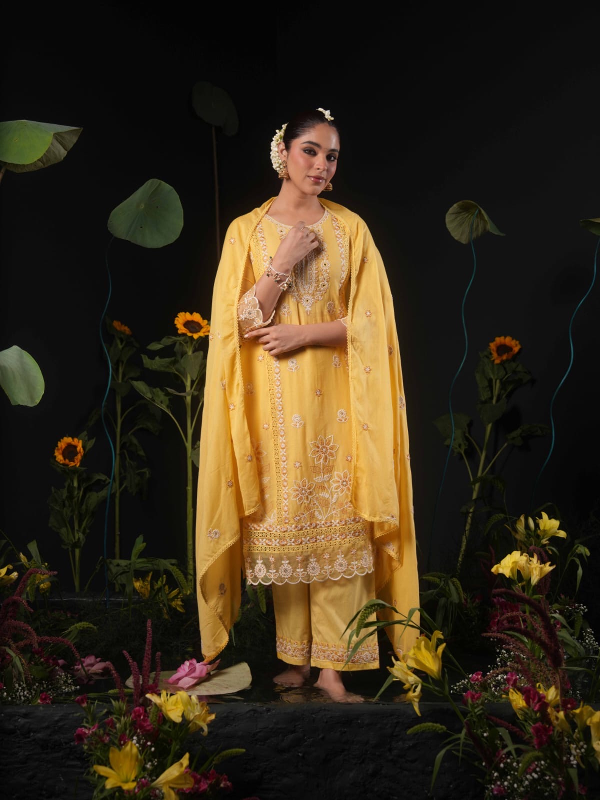 Yellow Embroidered Straight Kurta Pant Set with Dupatta for Women