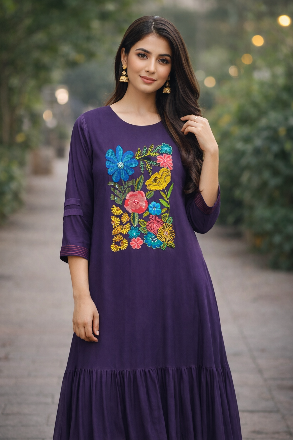 Purple Floral Embroidered Flared Kurta Dress.