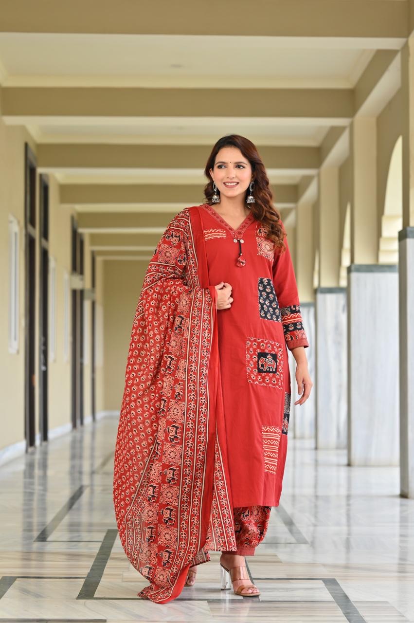 Women’s Black Printed Cotton Kurta Salwar Dupatta Set | Traditional Ethnic 3-Piece Suit | Ajrakh Inspired Festive & Casual Wear
