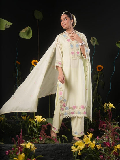 Women’s Pastel Green Embroidered Cotton Kurta Pant Dupatta Set | Floral Embroidered 3-Piece Ethnic Suit | Festive & Party Wear