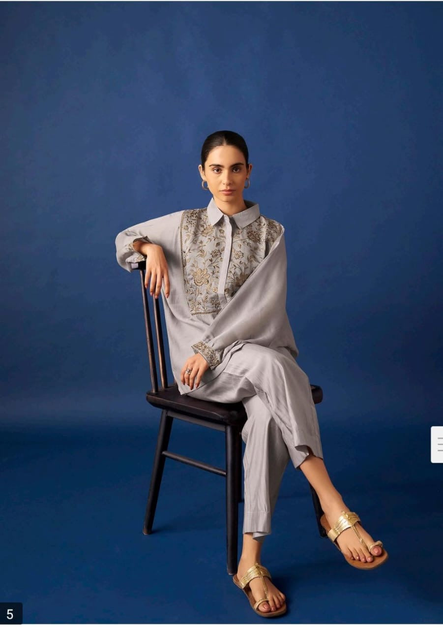 Women’s Grey Floral Embroidered Shirt & Straight Pants Co-ord Set | Elegant Casual Ethnic Wear
