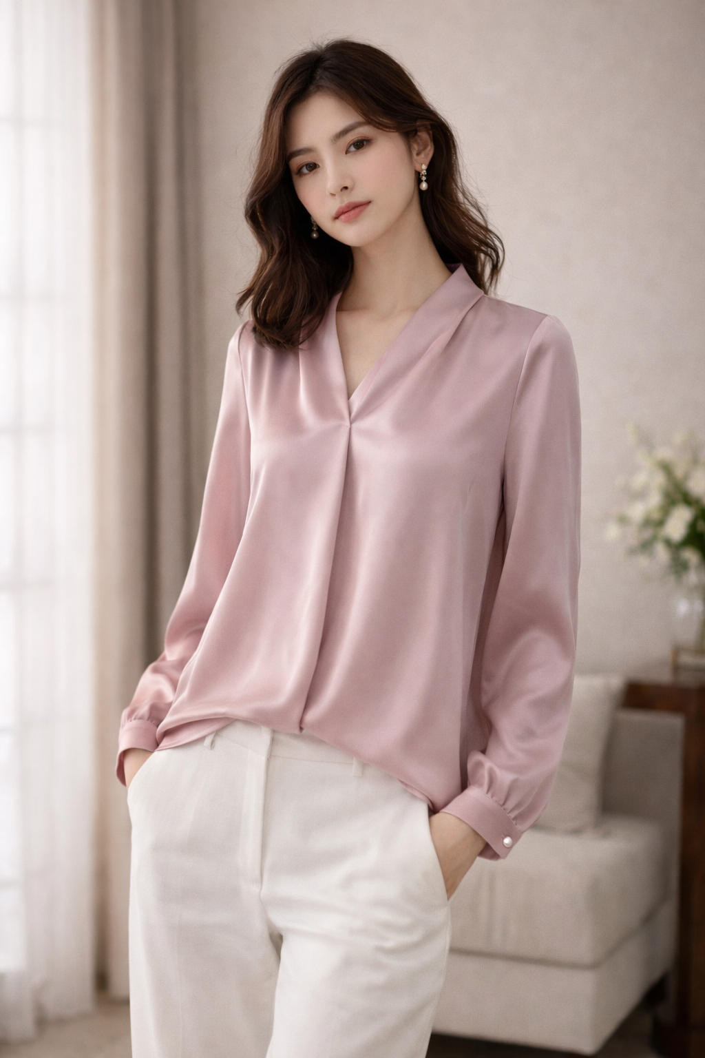 Mulson Luxe Satin Blouse – Emerald Green / Blush Pink