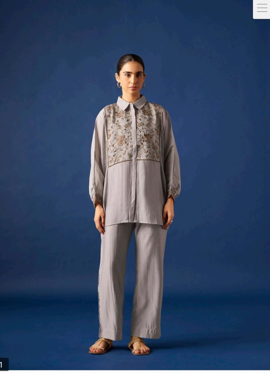 Women’s Grey Floral Embroidered Shirt & Straight Pants Co-ord Set | Elegant Casual Ethnic Wear