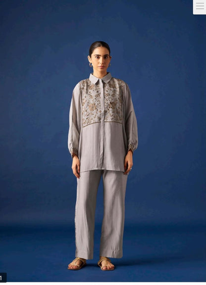 Women’s Grey Floral Embroidered Shirt & Straight Pants Co-ord Set | Elegant Casual Ethnic Wear