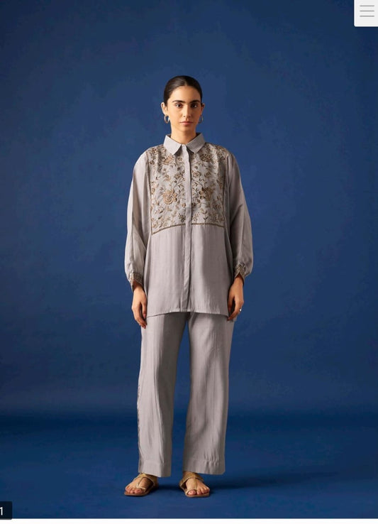 Women’s Grey Floral Embroidered Shirt & Straight Pants Co-ord Set | Elegant Casual Ethnic Wear