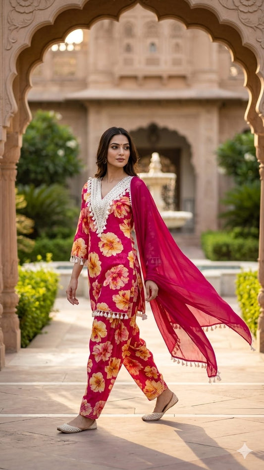 Women’s Pink Floral Printed Kurta Set with Dupatta