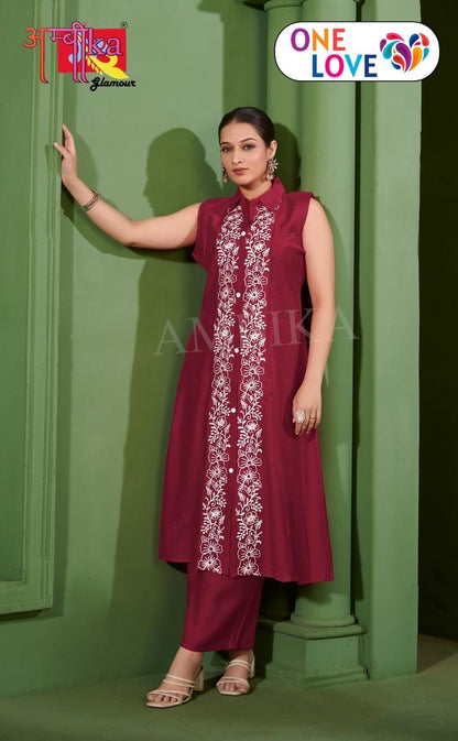 Women’s Maroon Embroidered A-Line Kurta with Straight Pants Co-ord Set | Sleeveless Ethnic Wear