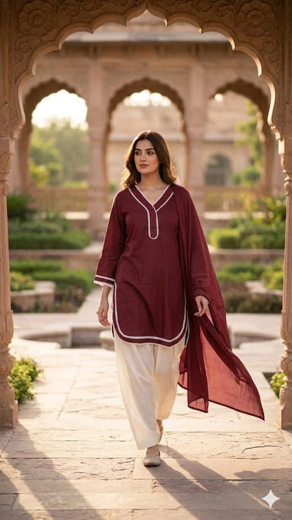 Women’s Rust Brown Straight Kurta with Off-White Patiala Pants & Matching Dupatta | Ethnic Cotton Blend 3-Piece Suit Set | Festive & Casual Wear