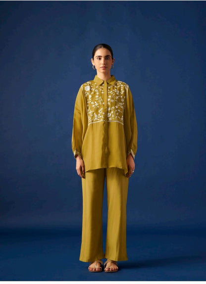 Women’s Olive Green Floral Embroidered Shirt & Straight Pants Co-ord Set | Premium Casual Wear