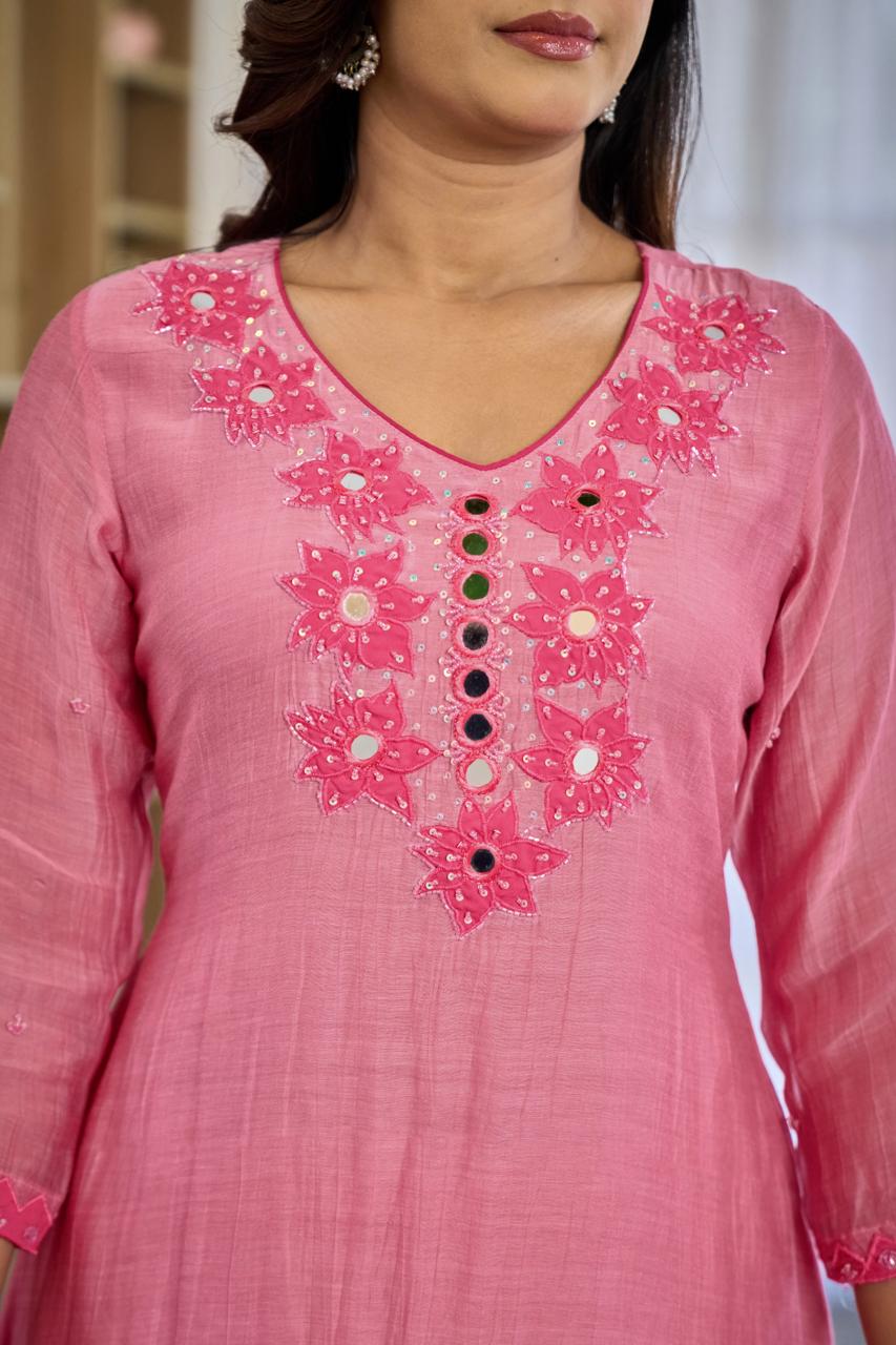 Premium Mul Chanderi Appliqué & Mirror Work Kurta Set with Dupatta