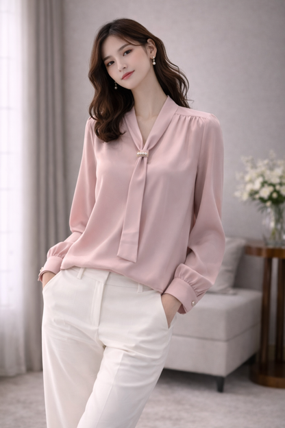 Elegant Tie-Neck Satin Blouse