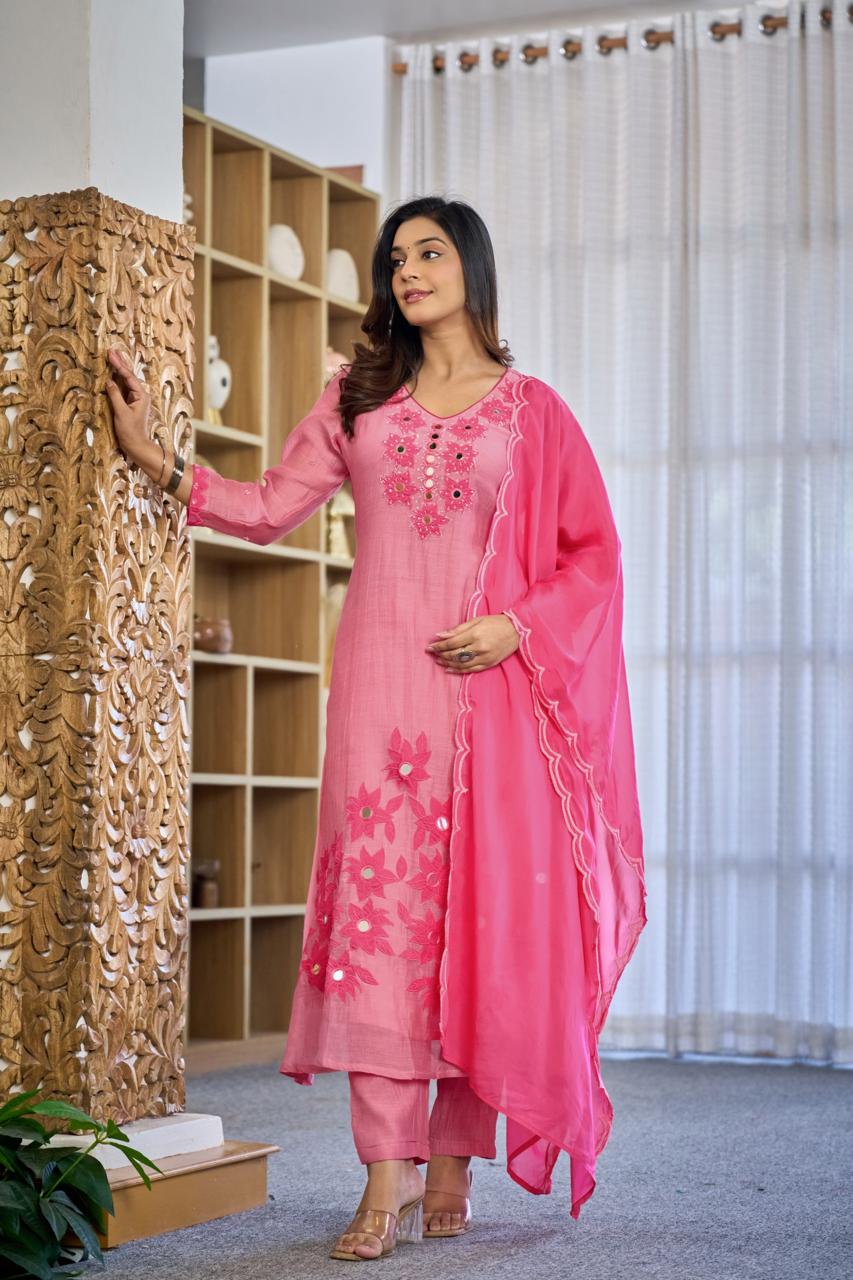 Premium Mul Chanderi Appliqué & Mirror Work Kurta Set with Dupatta