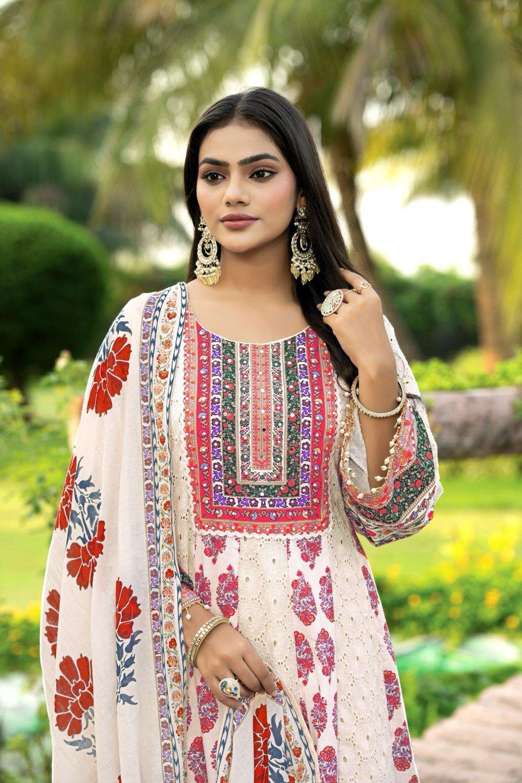 Multicolor Printed Cotton Embroidered Anarkali Kurta Set for Women – Kurta, Palazzo & Dupatta (3-Piece Set)