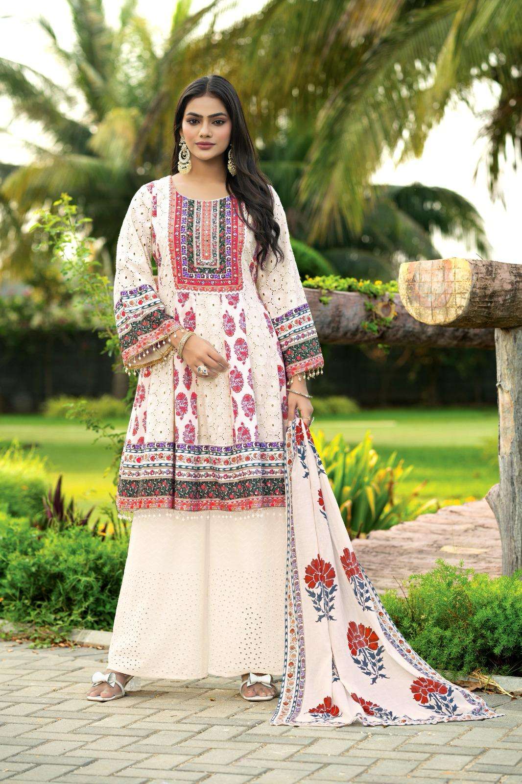 Multicolor Printed Cotton Embroidered Anarkali Kurta Set for Women – Kurta, Palazzo & Dupatta (3-Piece Set)