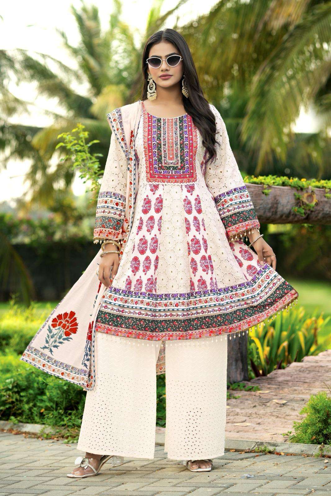 Multicolor Printed Cotton Embroidered Anarkali Kurta Set for Women – Kurta, Palazzo & Dupatta (3-Piece Set)