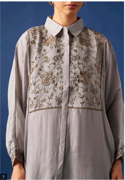 Women’s Grey Floral Embroidered Shirt & Straight Pants Co-ord Set | Elegant Casual Ethnic Wear