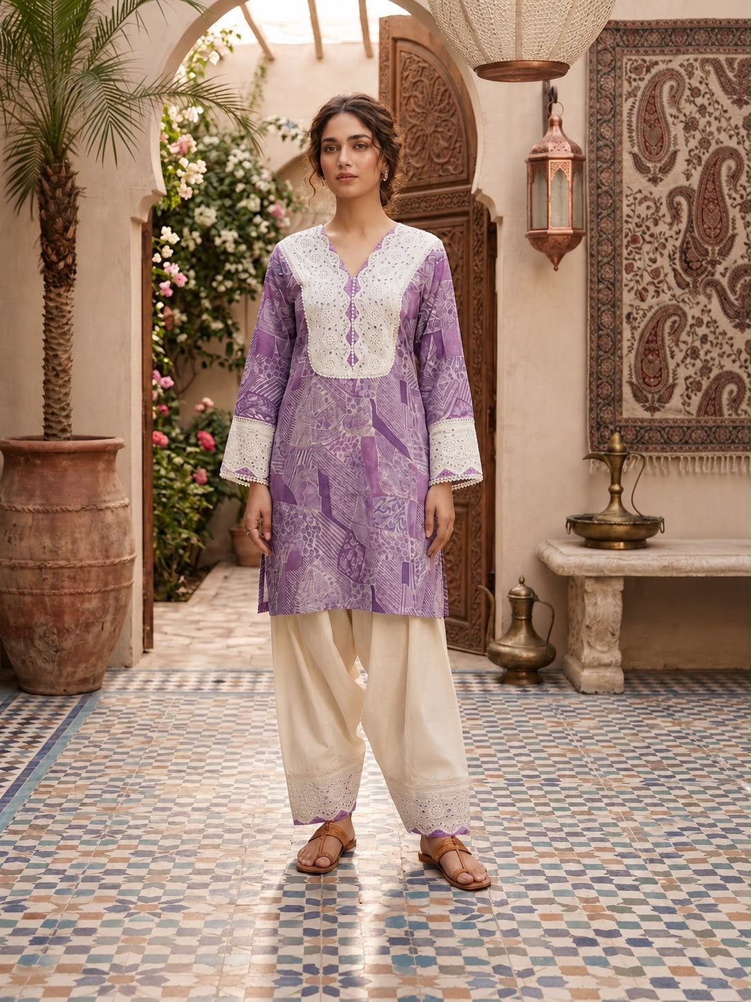 Women’s Lavender Printed Kurta with Off-White Patiala Pants | Embroidered Lace Neck Cotton Blend Ethnic Suit Set | Casual & Festive Wear