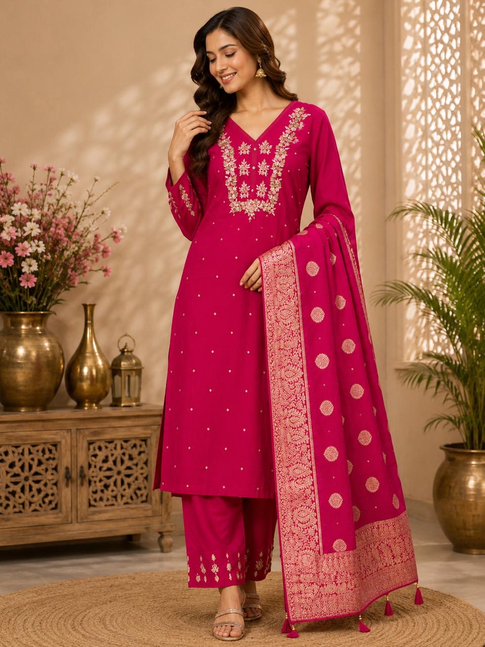 Women’s Purple Embroidered Kurta Pant Set with Banarasi Dupatta | Ethnic Festive Suit Set | Elegant Traditional Wear