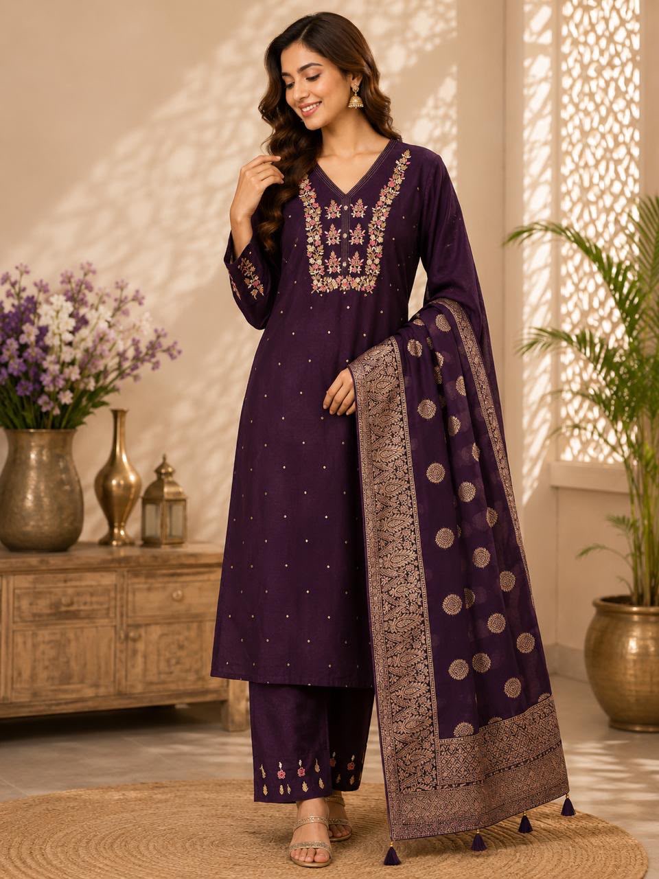 Women’s Purple Embroidered Kurta Pant Set with Banarasi Dupatta | Ethnic Festive Suit Set | Elegant Traditional Wear