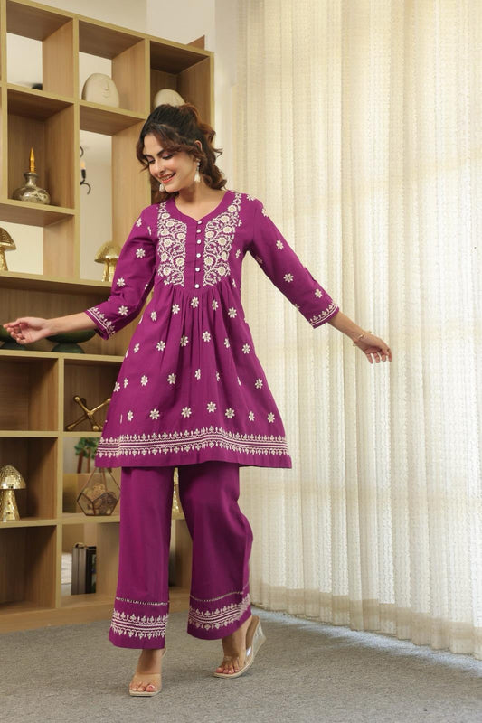 Plum Purple Floral Embroidered Cotton Kurta Set chicken kari suit