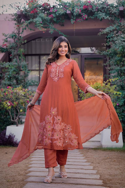 Premium Mul Chanderi Appliqué & Mirror Work Kurta Set with Dupatta