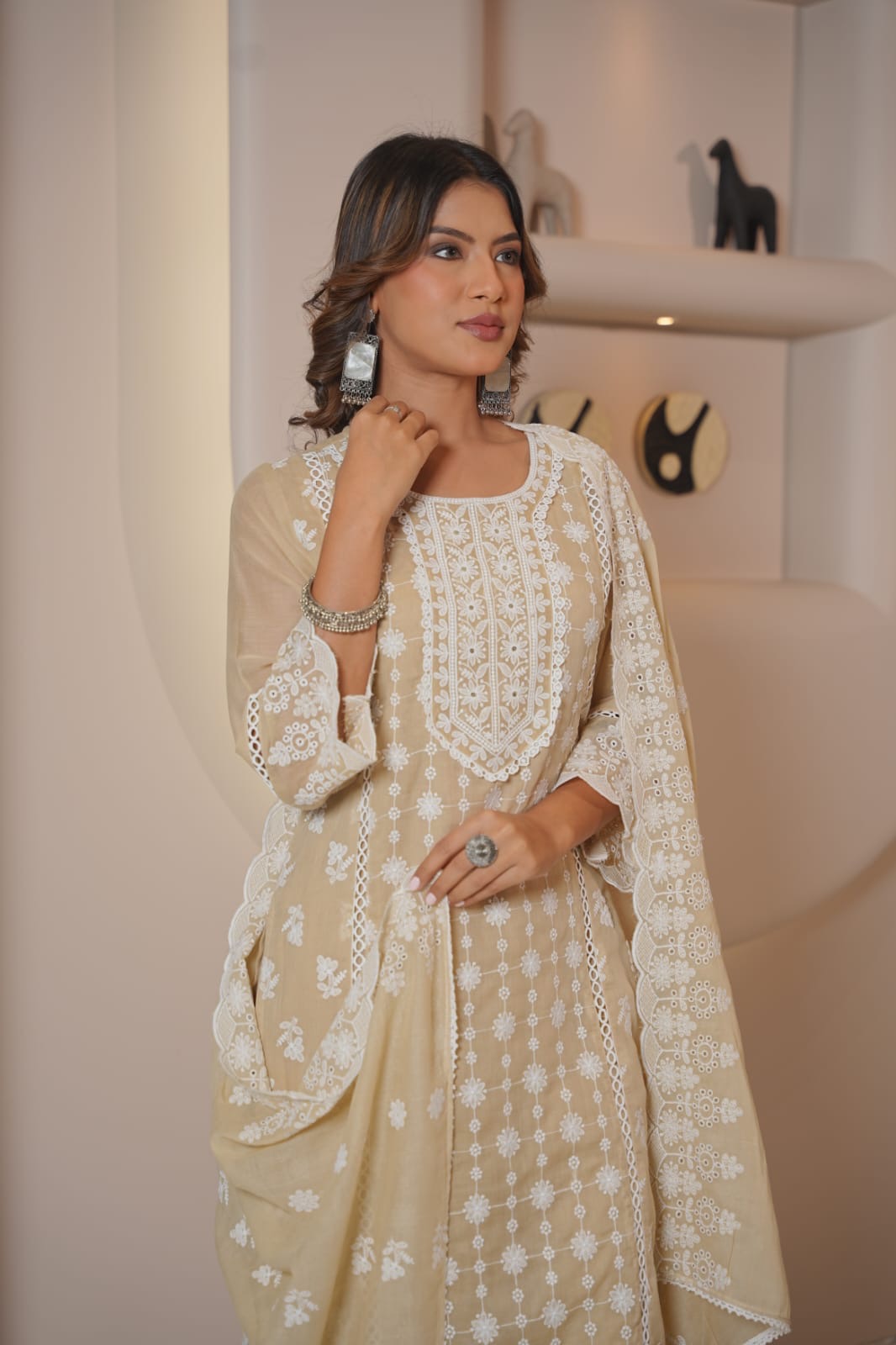 Women’s Lemon Yellow Embroidered Kurta Pant Dupatta Set