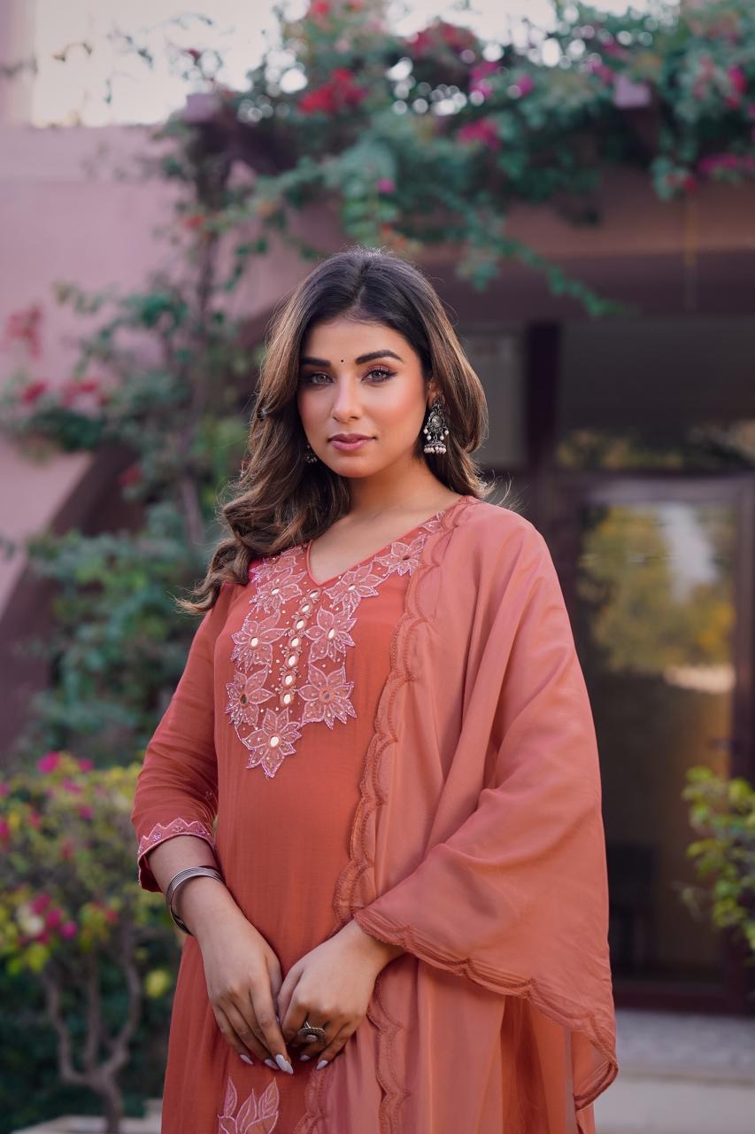 Premium Mul Chanderi Appliqué & Mirror Work Kurta Set with Dupatta