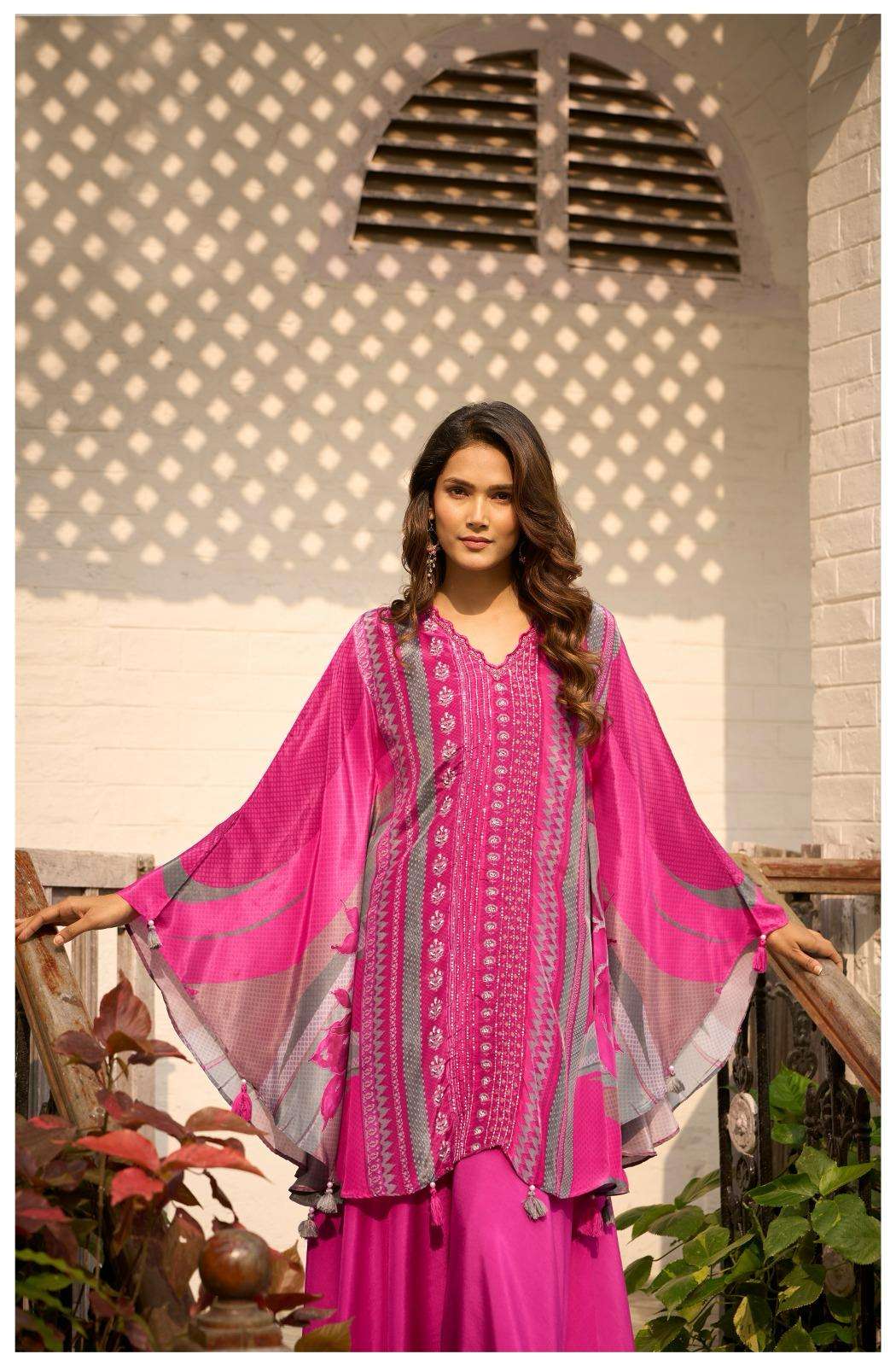 Pink Printed Kurta Set with Flared Pants & Dupatta