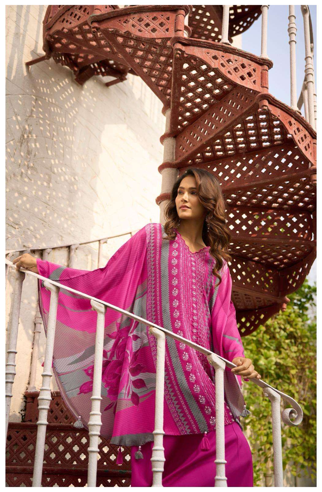 Pink Printed Kurta Set with Flared Pants & Dupatta