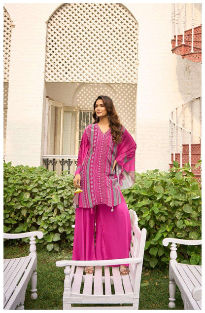 Pink Printed Kurta Set with Flared Pants & Dupatta