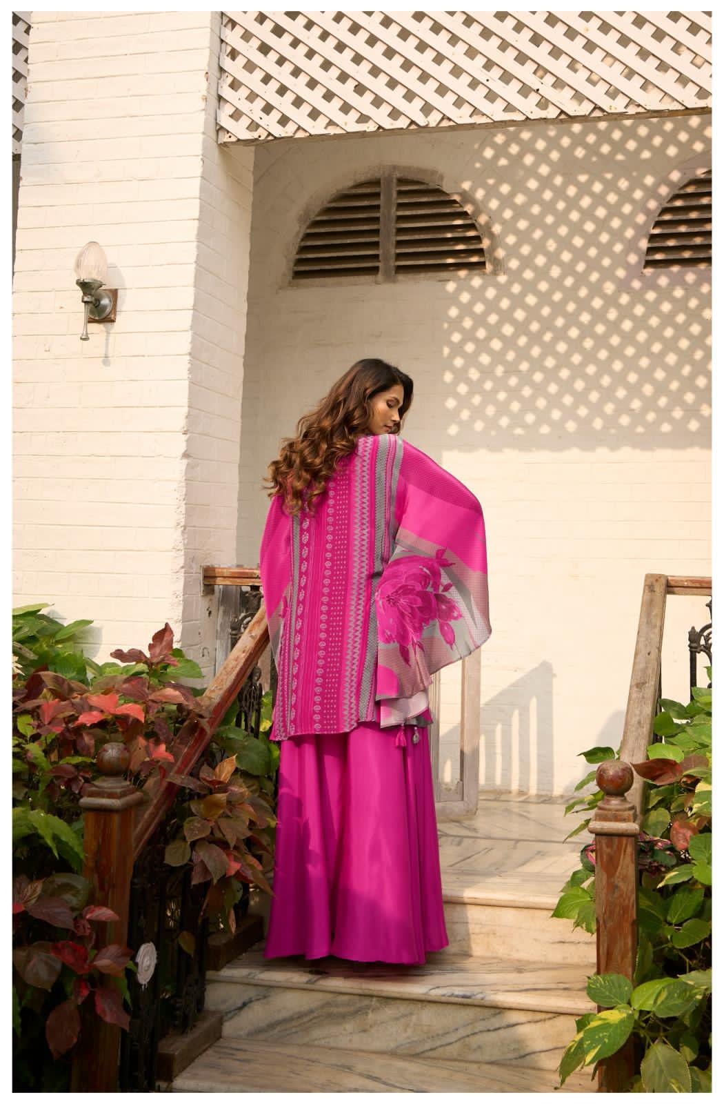 Pink Printed Kurta Set with Flared Pants & Dupatta