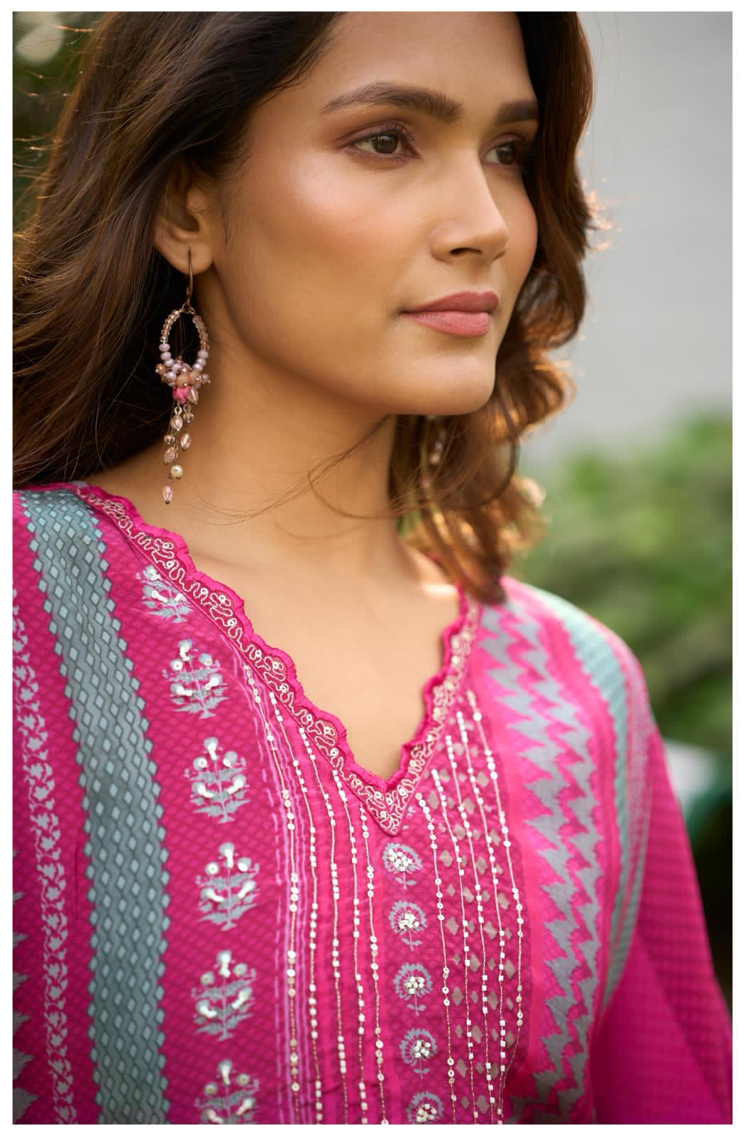 Pink Printed Kurta Set with Flared Pants & Dupatta