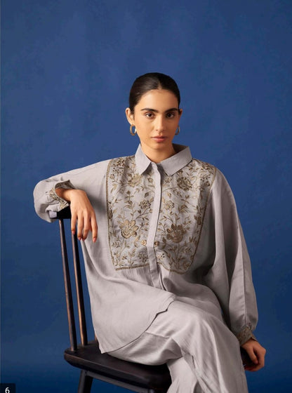 Women’s Grey Floral Embroidered Shirt & Straight Pants Co-ord Set | Elegant Casual Ethnic Wear