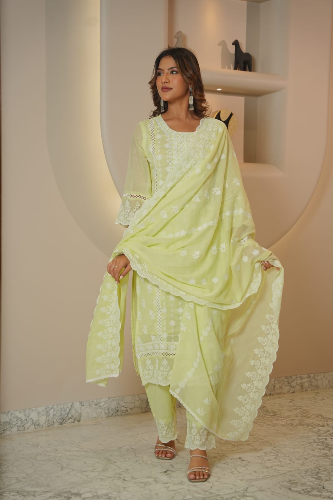 Women’s Lemon Yellow Embroidered Kurta Pant Dupatta Set