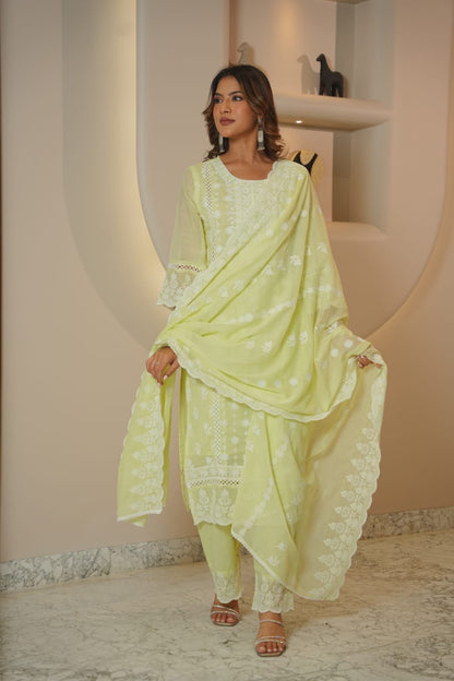 Women’s Lemon Yellow Embroidered Kurta Pant Dupatta Set
