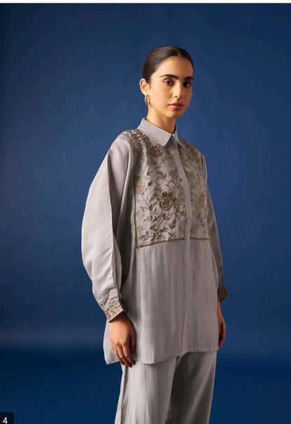 Women’s Grey Floral Embroidered Shirt & Straight Pants Co-ord Set | Elegant Casual Ethnic Wear