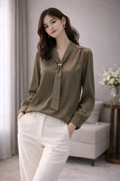 Elegant Tie-Neck Satin Blouse
